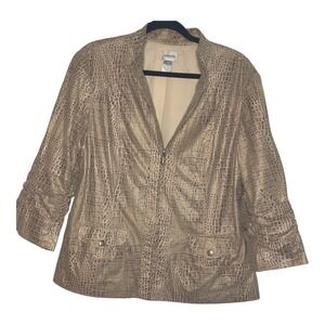Chico's Crocodile Print Jacket 3/4‎ Sleeve Full Zip Blazer Beige Lined Size 3
